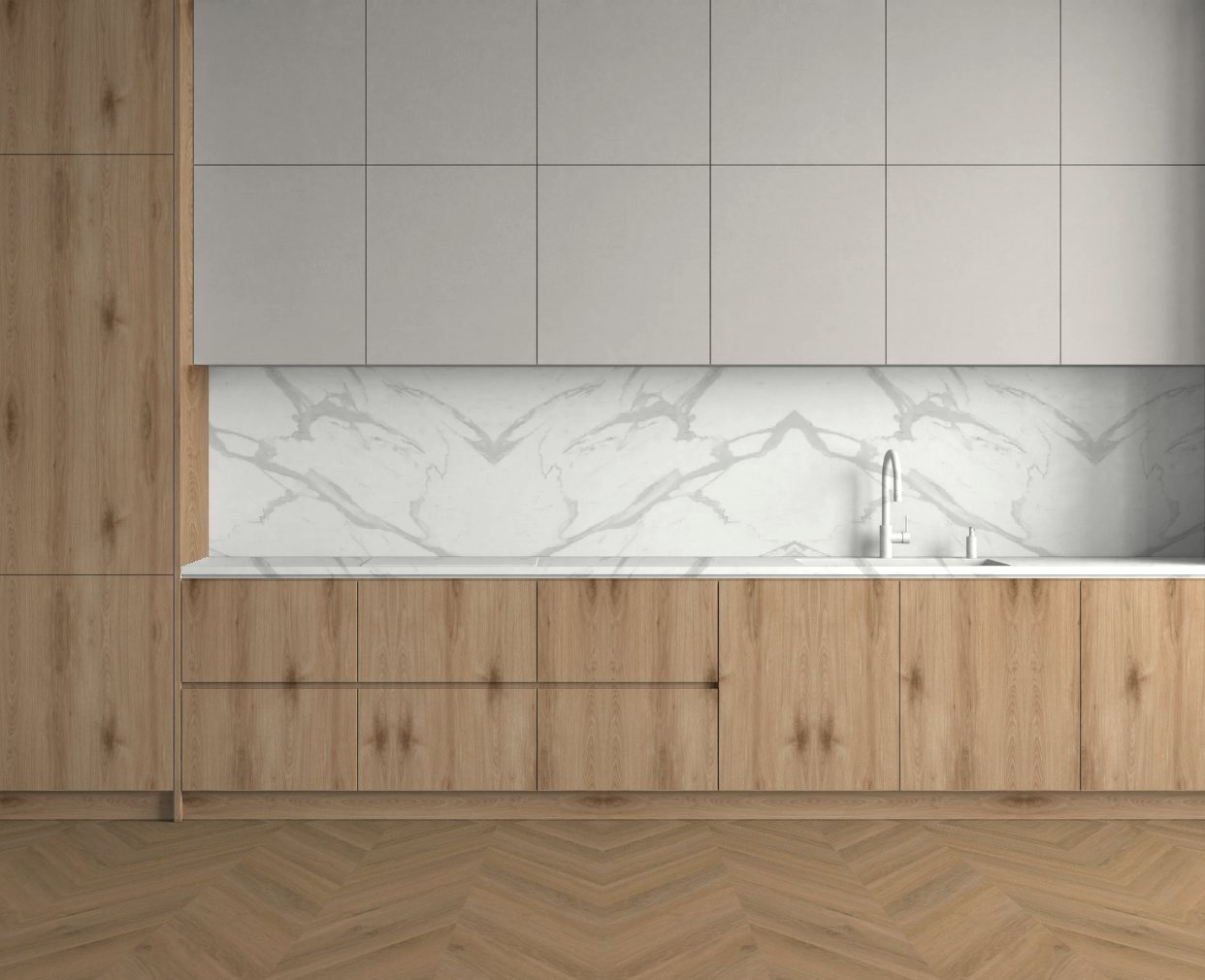 Virtuvė su Natural Canella Oak: Švelnus kontrastas