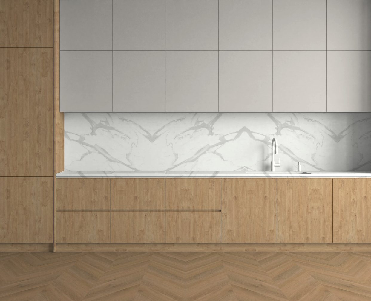 Virtuvė su Gold Oak: Švelnus kontrastas