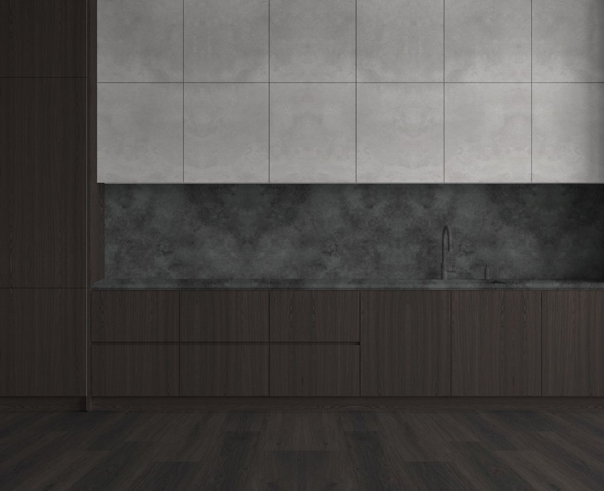 Virtuvė su Grey Concrete: Ryškus kontrastas