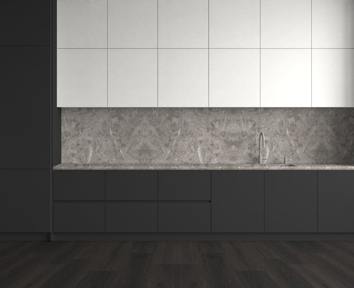 Virtuvė su Grey Emperador Marble: Ryškus kontrastas